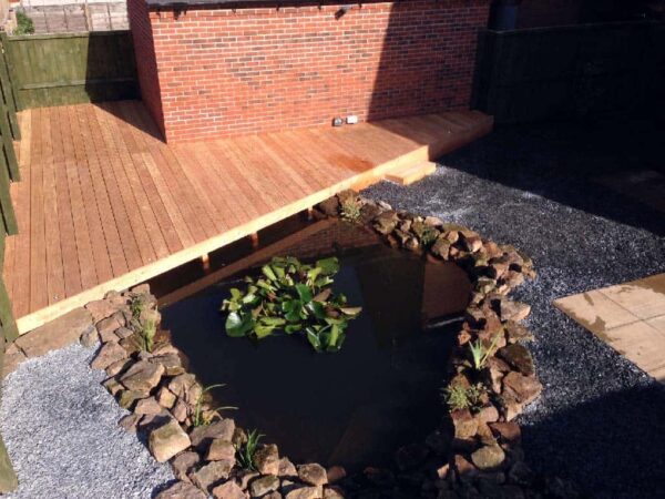 Natural pond with timber decking overhang in Kirkby — JDM Ponds